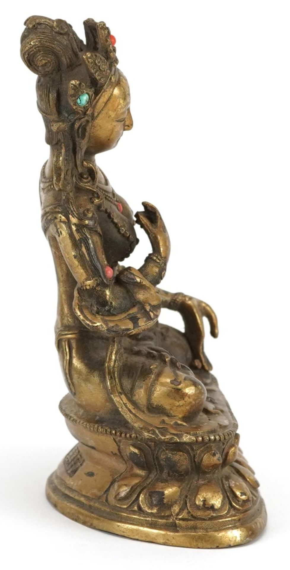 Chino Tibetan patinated bronze figure of seated Buddha with cabochons, character marks to the - Image 5 of 7