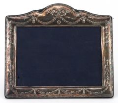 Carrs, rectangular silver easel photo frame embossed with swags and bows, Sheffield 2006, 22cm x