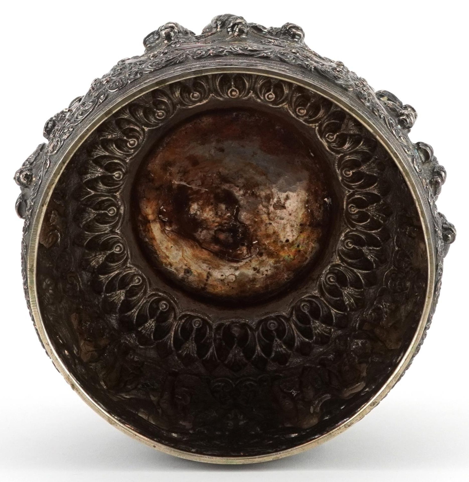 Burmese unmarked silver bowl profusely embossed with deities and animals within landscapes, 12cm - Image 9 of 10