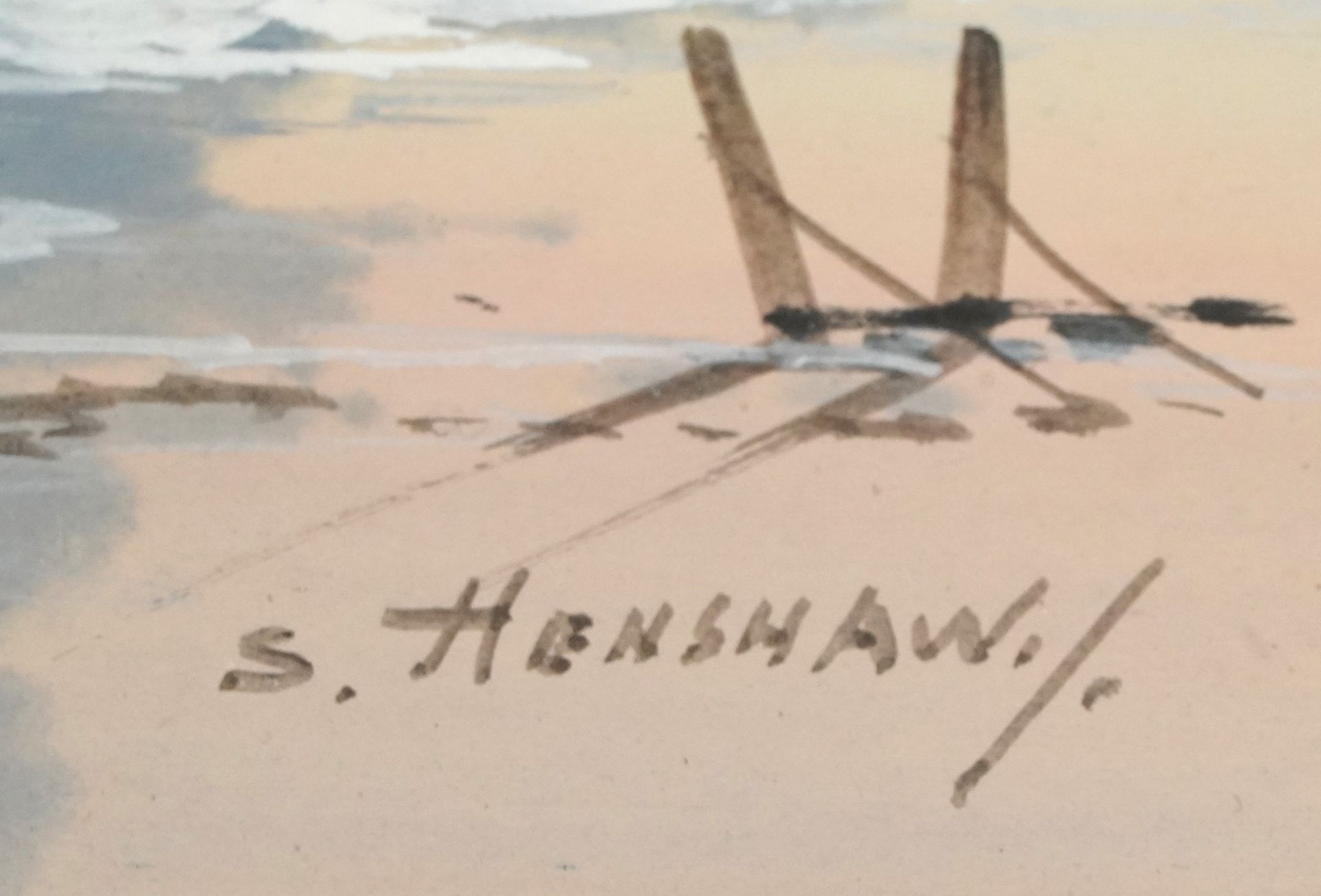 S Henshaw - Coastal scenes, pair of heightened watercolours, mounted, framed and glazed, each 24.5cm - Image 4 of 9