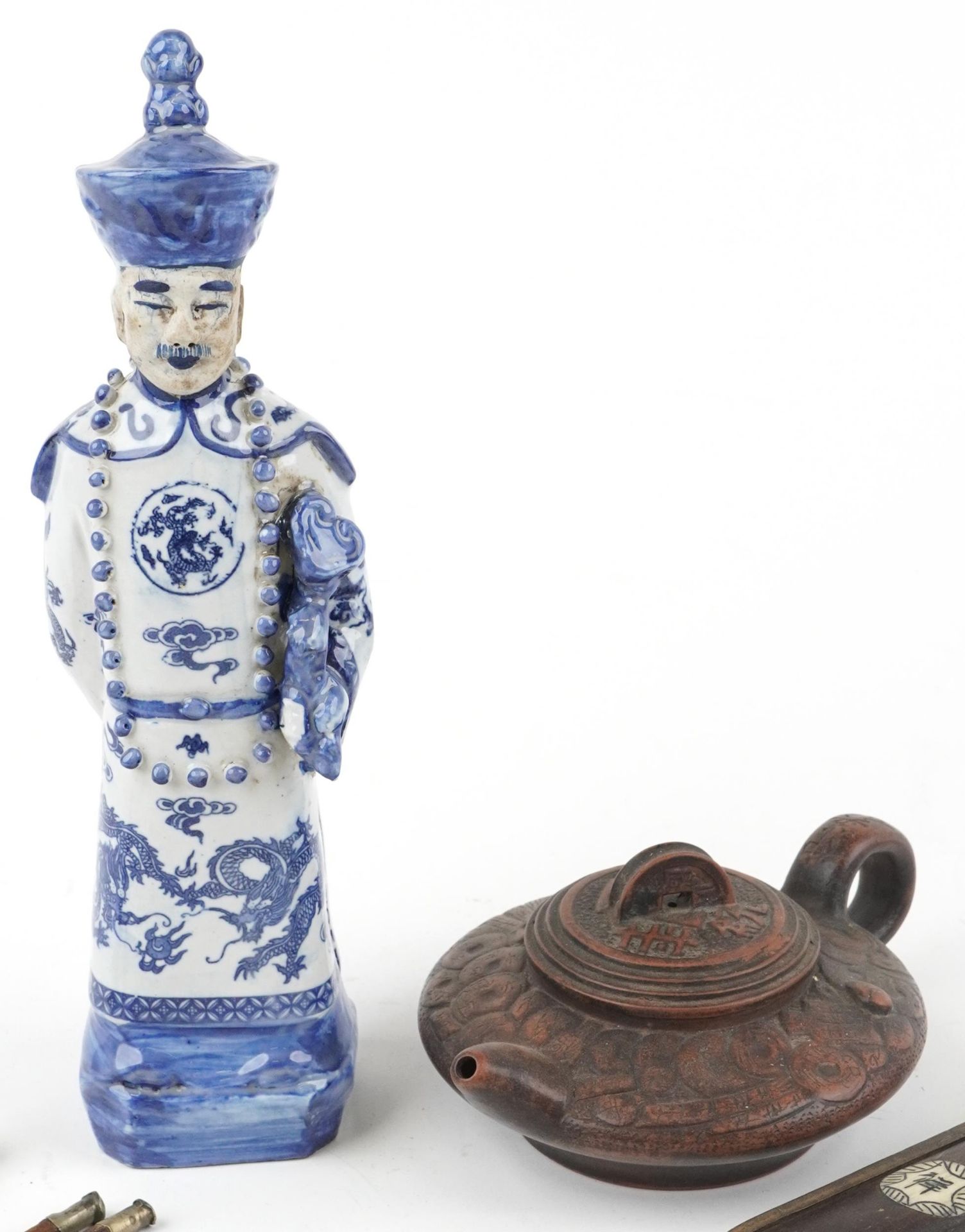 Chinese sundry items including a blue and white porcelain emperor and two pairs of white metal - Image 3 of 7