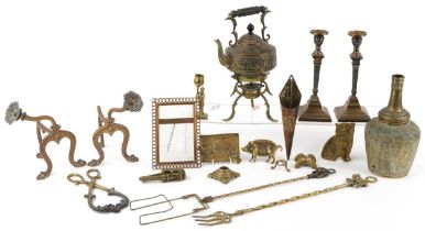 Antique and later metalware including a Chinaman candlestick, pair of antique brass candlesticks and