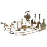 Antique and later metalware including a Chinaman candlestick, pair of antique brass candlesticks and
