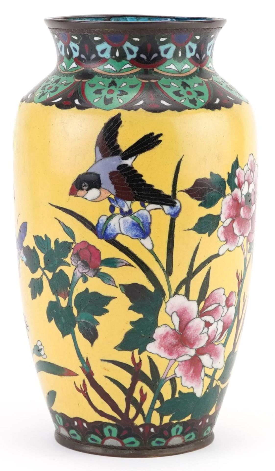 Japanese yellow ground cloisonne vase enamelled with a bird amongst flowers, 24.5cm high