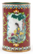 Japanese cloisonne cylindrical vase enamelled with flowers, hand painted with panels of Geisha in