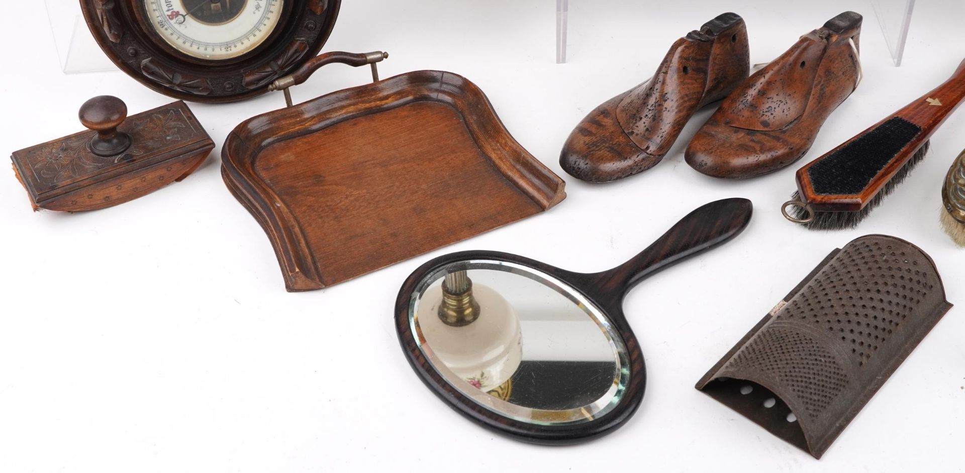 19th century and later sundry items including oil lamp, carved walnut wall barometer, set of W & T - Image 4 of 5