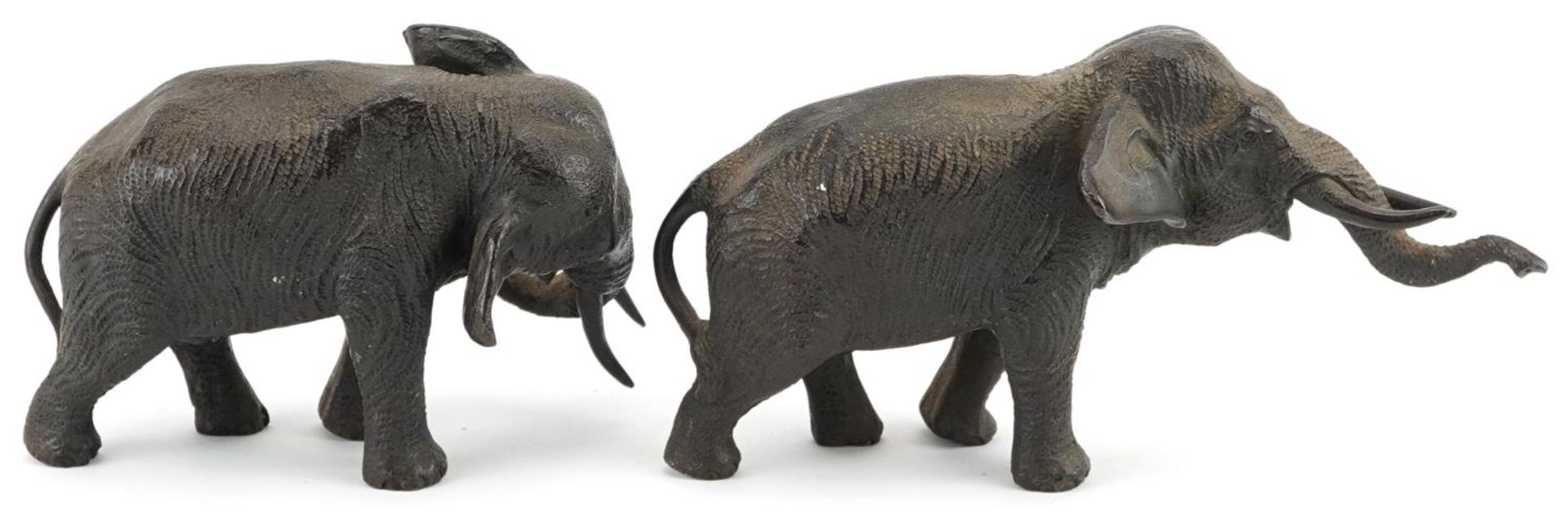Two Japanese patinated bronze elephants, Meiji period, each with character marks to the feet, the - Image 5 of 10