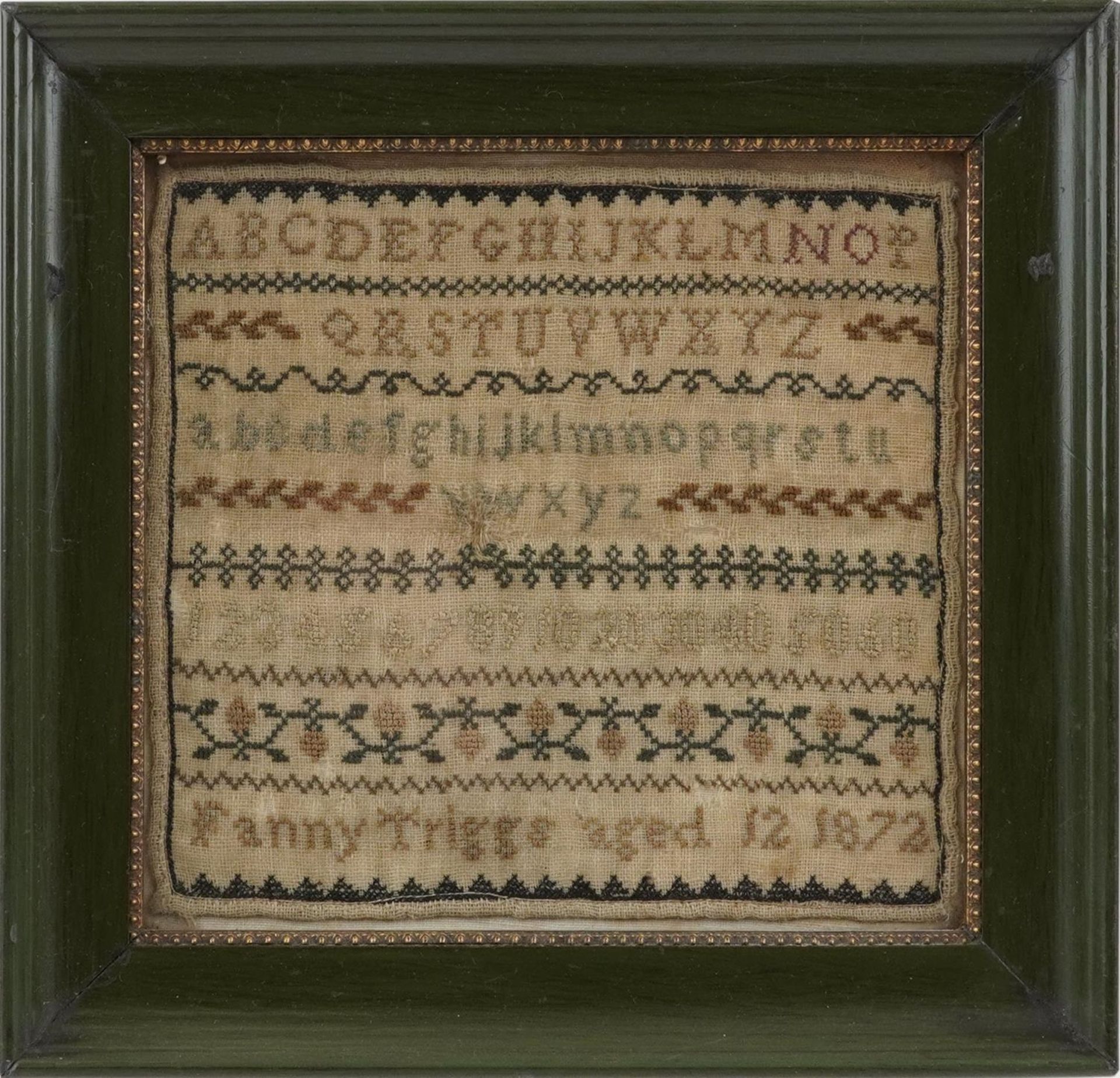 Victorian needlework sampler worked by Fanny Triggs aged 12 1872, mounted, framed and glazed, 15cm x - Image 2 of 3