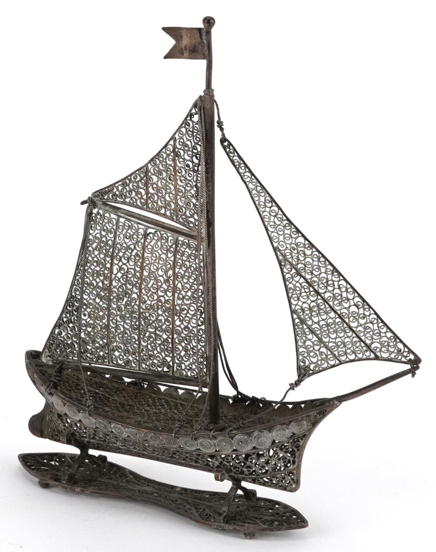 Maltese unmarked silver filigree model of a sailing boat, 13cm high, 54.5g