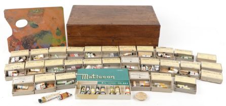 Collection of vintage French artist's paint housed in a Cement Marketing Company mahogany box with
