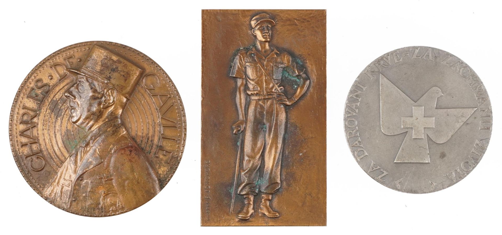 Three commemorative cast metal medallions including examples of busts of Professor MUDr. Jan