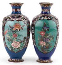 Pair of Japanese cloisonne vases with hexagonal bodies enamelled with panels of flowers, each 18cm
