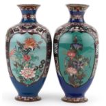 Pair of Japanese cloisonne vases with hexagonal bodies enamelled with panels of flowers, each 18cm