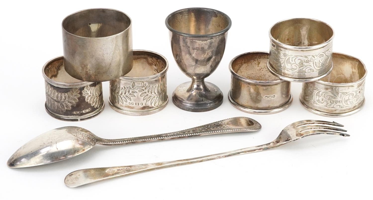 Victorian and later silver comprising six napkin rings, eggcup, pickle fork and tablespoon, the - Image 5 of 8