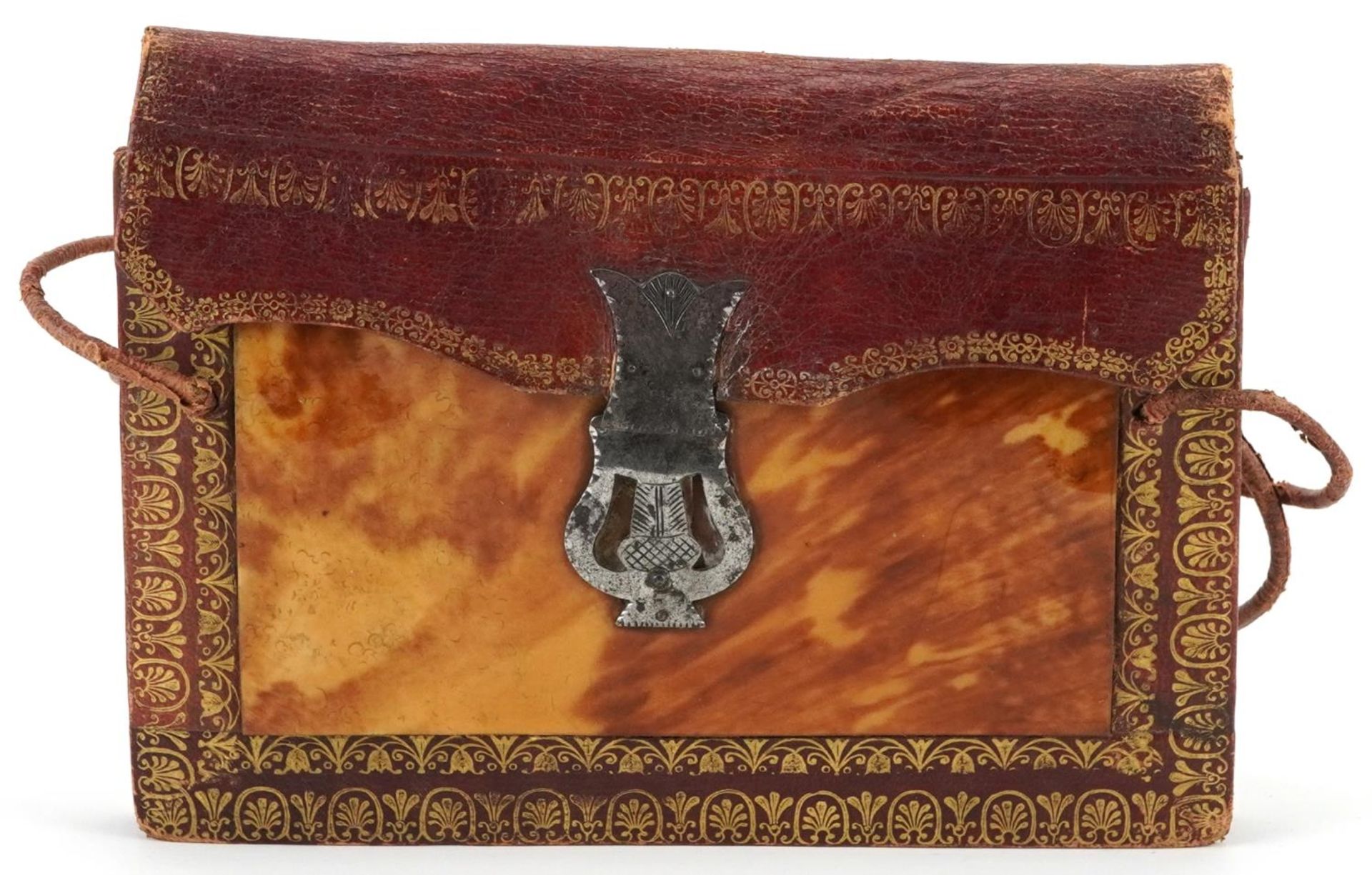 19th century Moroccan tooled leather and blond tortoiseshell concertina purse with steel lock, - Bild 2 aus 4
