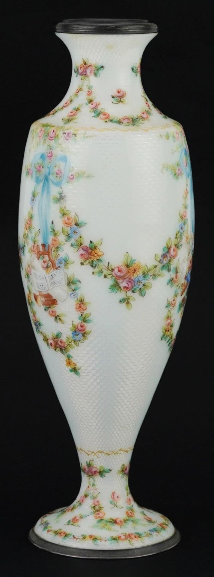 19th century French silver and white guilloche enamel vase finely hand painted with swags, ribbons - Image 4 of 10