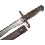 Spanish military World War II Bolo bayonet with scabbard and steel blade numbered 6215, 39cm in