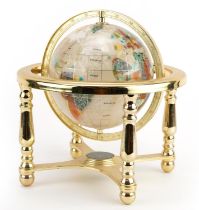 Gilt metal gemstone table globe with compass under tier, 22cm high