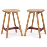Pair of contemporary half painted light oak breakfast stools, AC stamp to the undersides, 65cm high