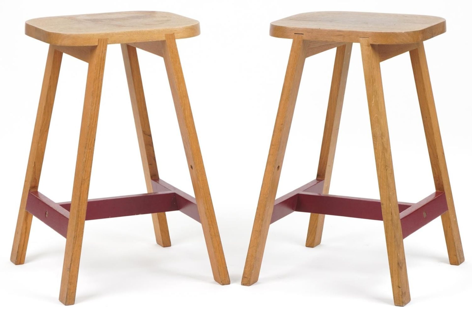 Pair of contemporary half painted light oak breakfast stools, AC stamp to the undersides, 65cm high