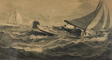 After Charles Napier Hemy - Youth, Yacht Racing, antique black and white etching, mounted, framed