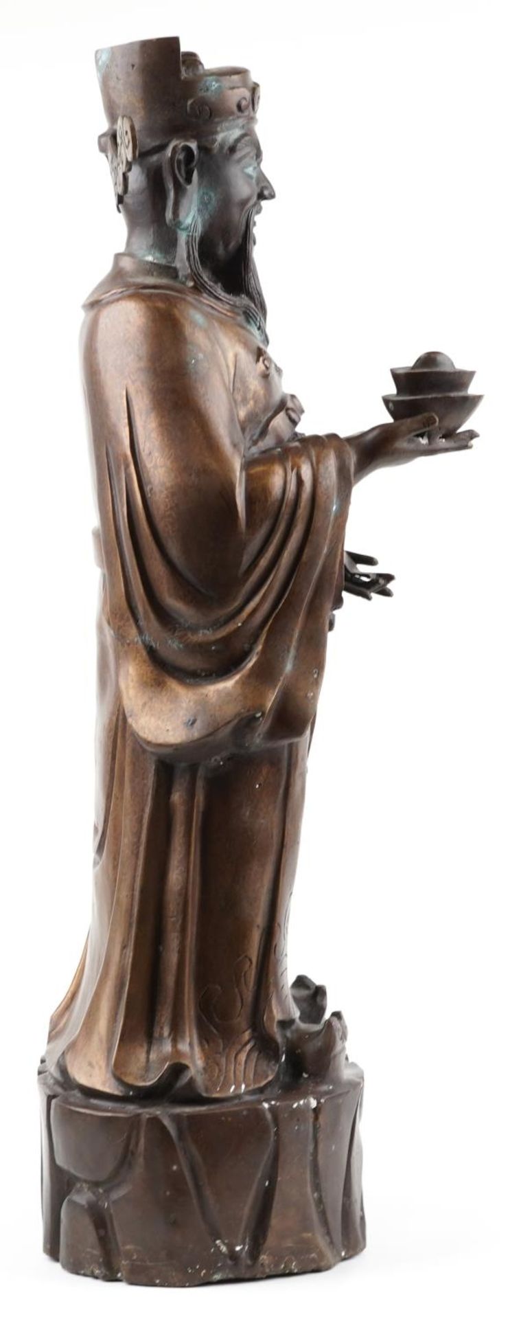 Large Chinese watered bronze figure of a standing emperor holding a ruyi sceptre, 78cm high - Image 7 of 9