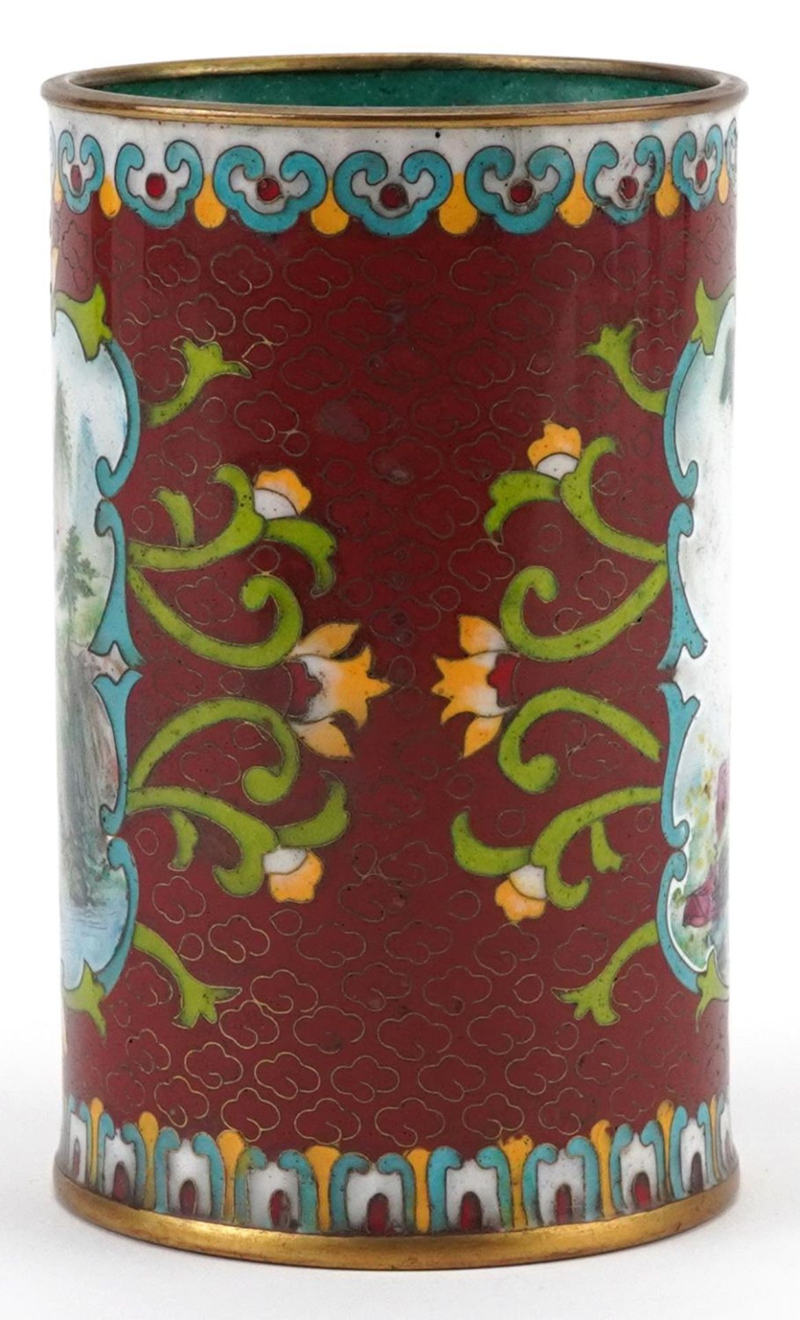 Japanese cloisonne cylindrical vase enamelled with flowers, hand painted with panels of Geisha in - Image 4 of 6