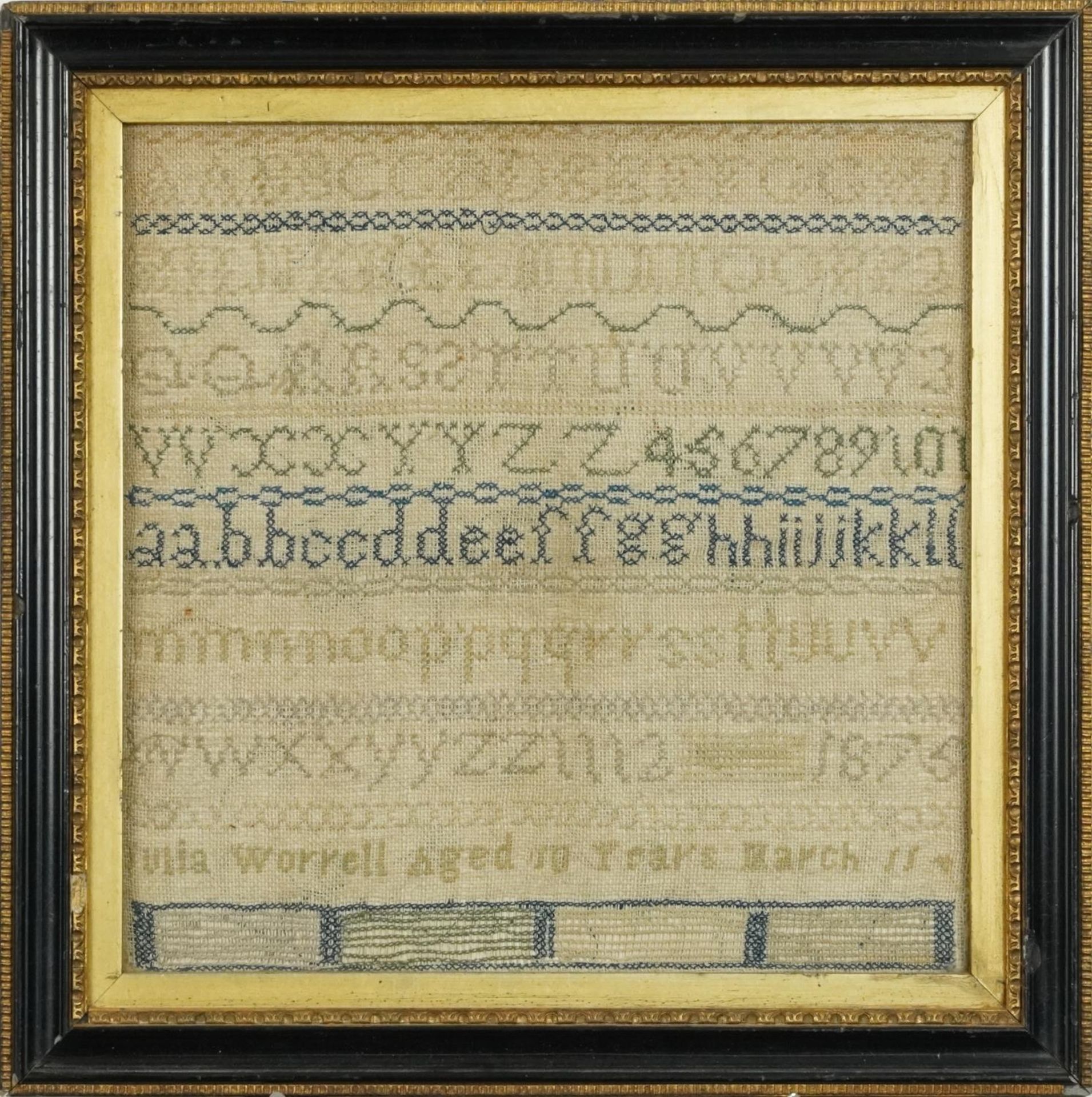 Victorian needlework sampler worked by Julia Worrell aged 10 years, March 11th 1875, mounted, framed - Image 2 of 3