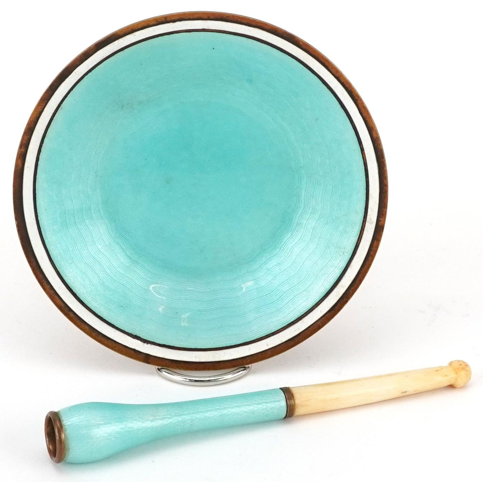 Mid century style gilt metal white and blue guilloche enamel dish and matching cheroot holder, the