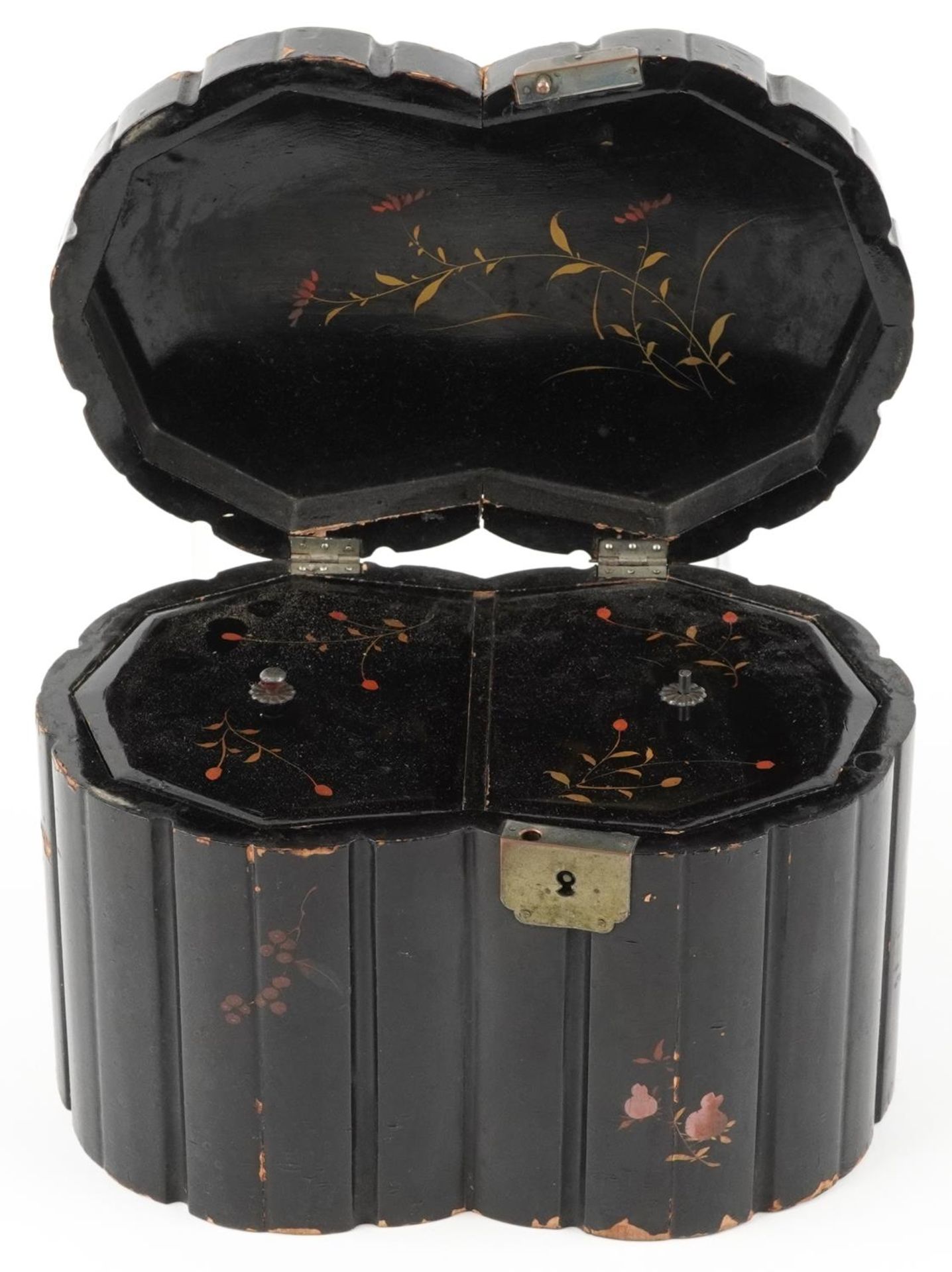 Japanese lacquered tea caddy with twin divisional interior gilded with birds amongst aquatic plants, - Image 3 of 8