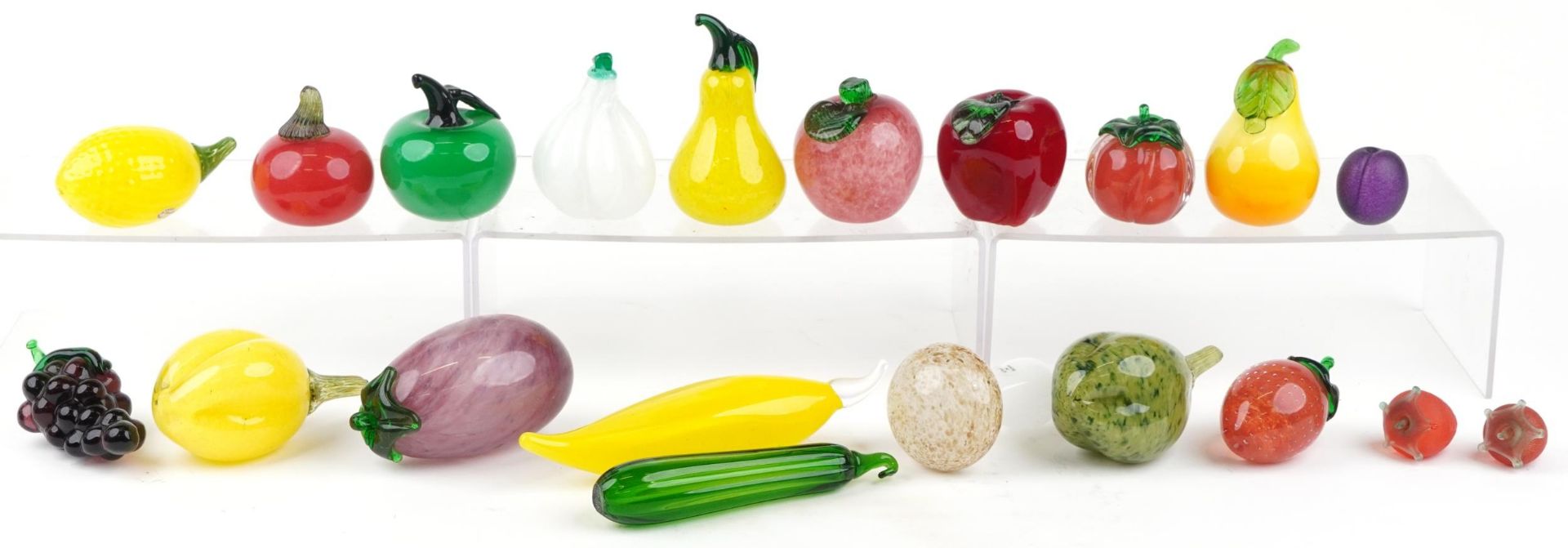 Collection of predominantly Italian colourful glass fruits including pears, peppers, grapes and