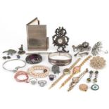 Vintage and later jewellery and objects including 800 grade silver strut clock, silver cabochon Blue