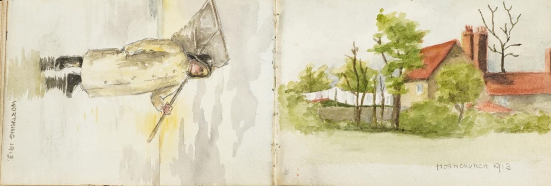 Early 20th century artist's travel sketchbook housing various watercolours and pencil sketches - Image 13 of 15