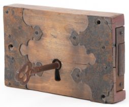 Antique wooden lock with iron mounts and key, 25.5cm x 16cm