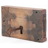 Antique wooden lock with iron mounts and key, 25.5cm x 16cm