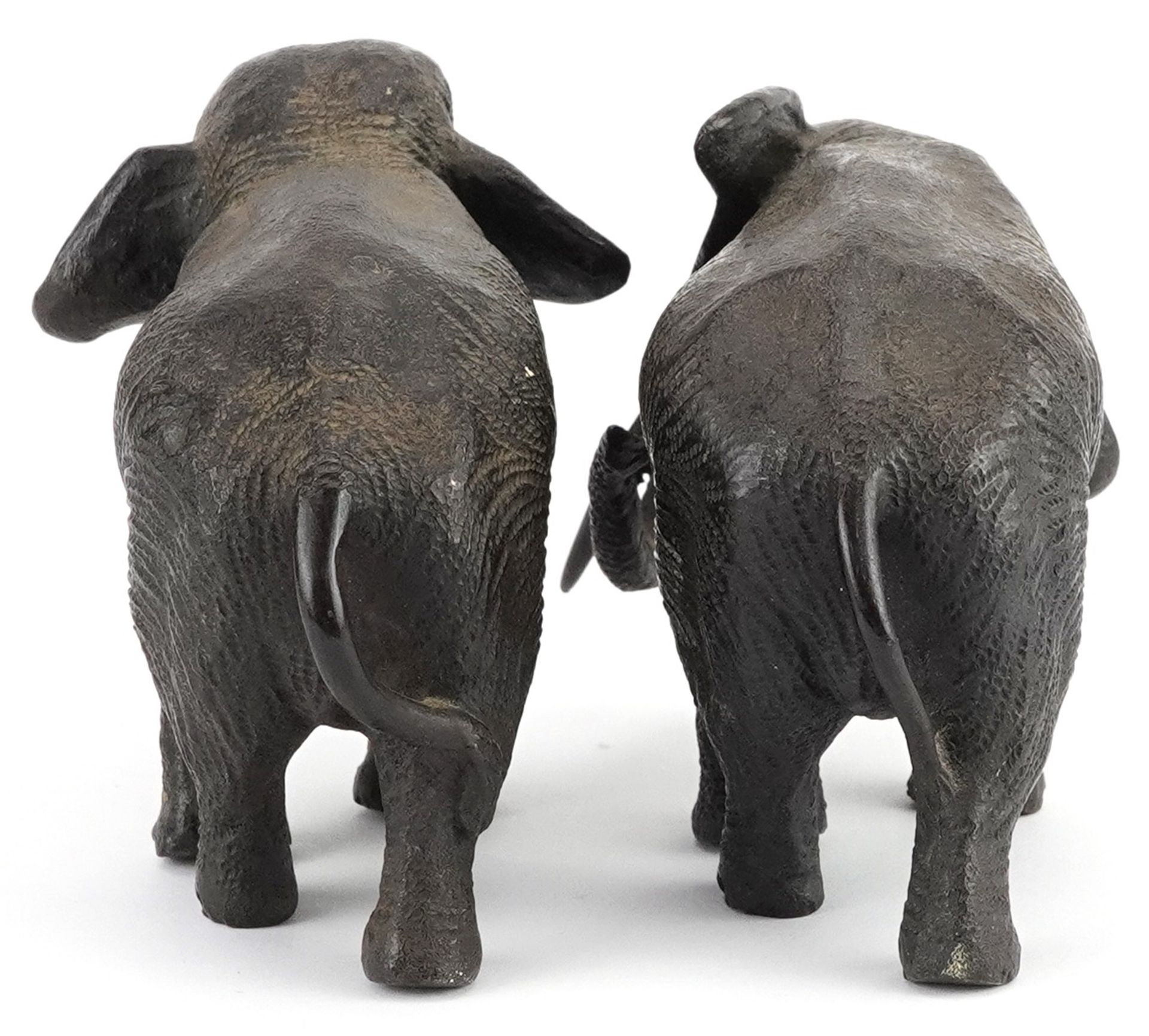 Two Japanese patinated bronze elephants, Meiji period, each with character marks to the feet, the - Image 4 of 10