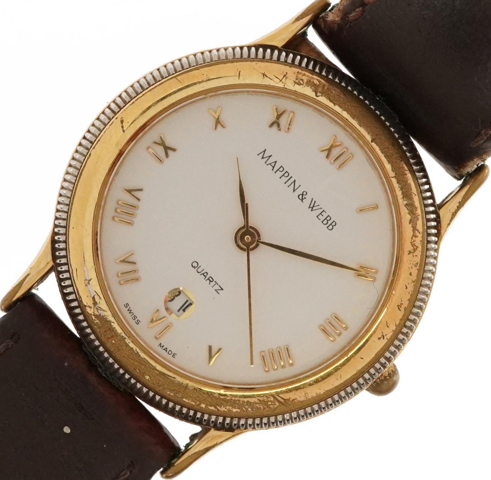 Mappin & Webb, ladies wristwatch with date aperture and box, 28mm in diameter