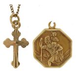 9ct gold cross pendant on a 9ct gold necklace and a 9ct gold St Christopher pendant, the necklace