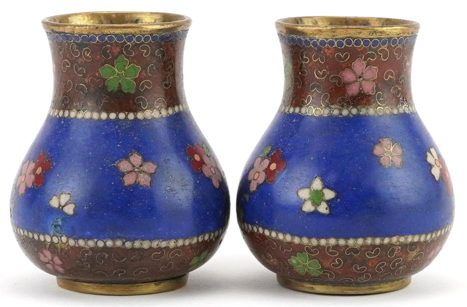 Pair of Japanese cloisonne vases enamelled with flowers, each 7.5cm high - Image 2 of 6