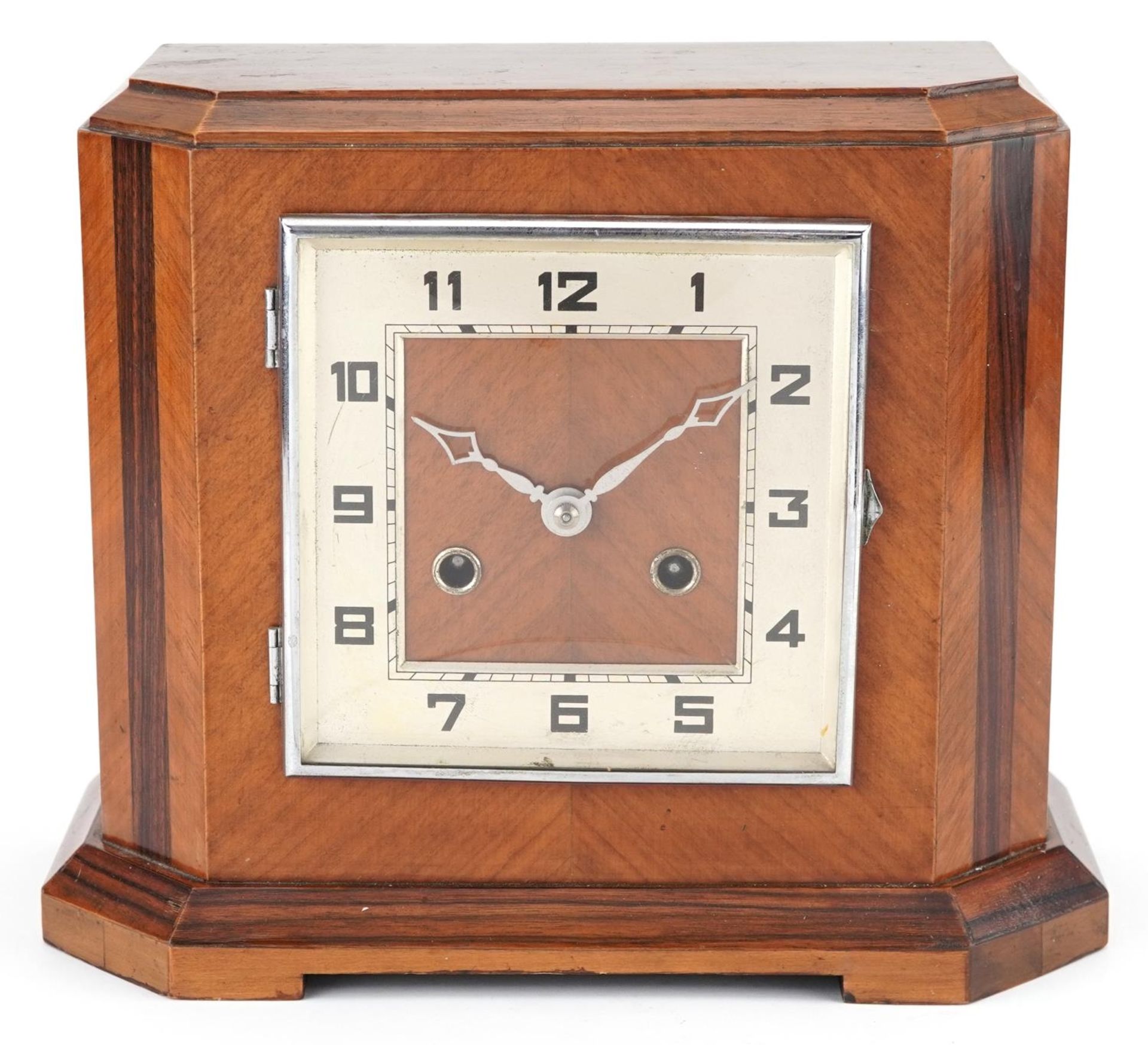 Art Deco walnut and rosewood mantle clock with square dial and silvered chapter ring having Arabic - Bild 2 aus 5