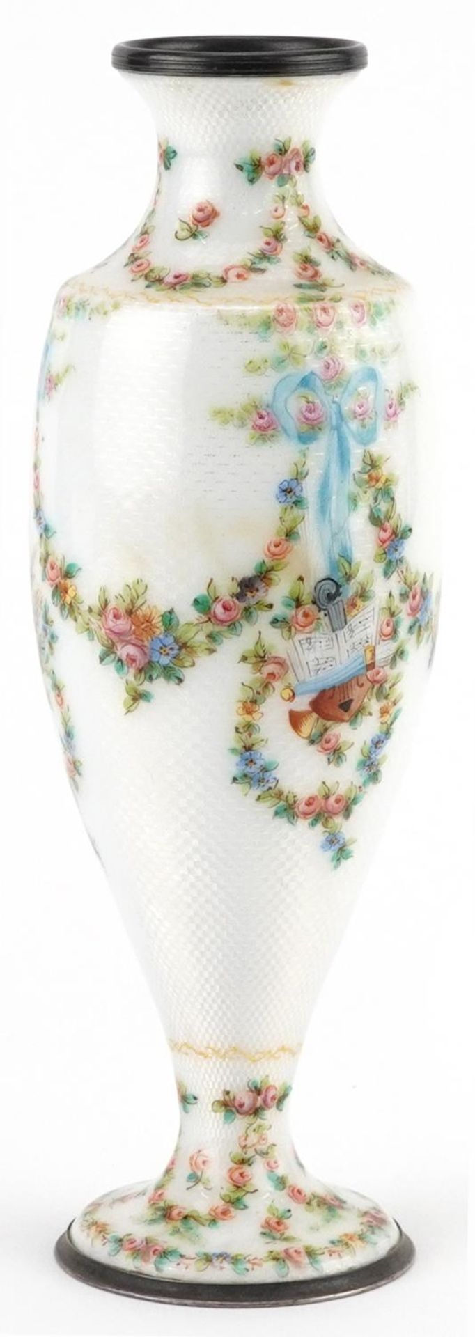 19th century French silver and white guilloche enamel vase finely hand painted with swags, ribbons - Image 6 of 10