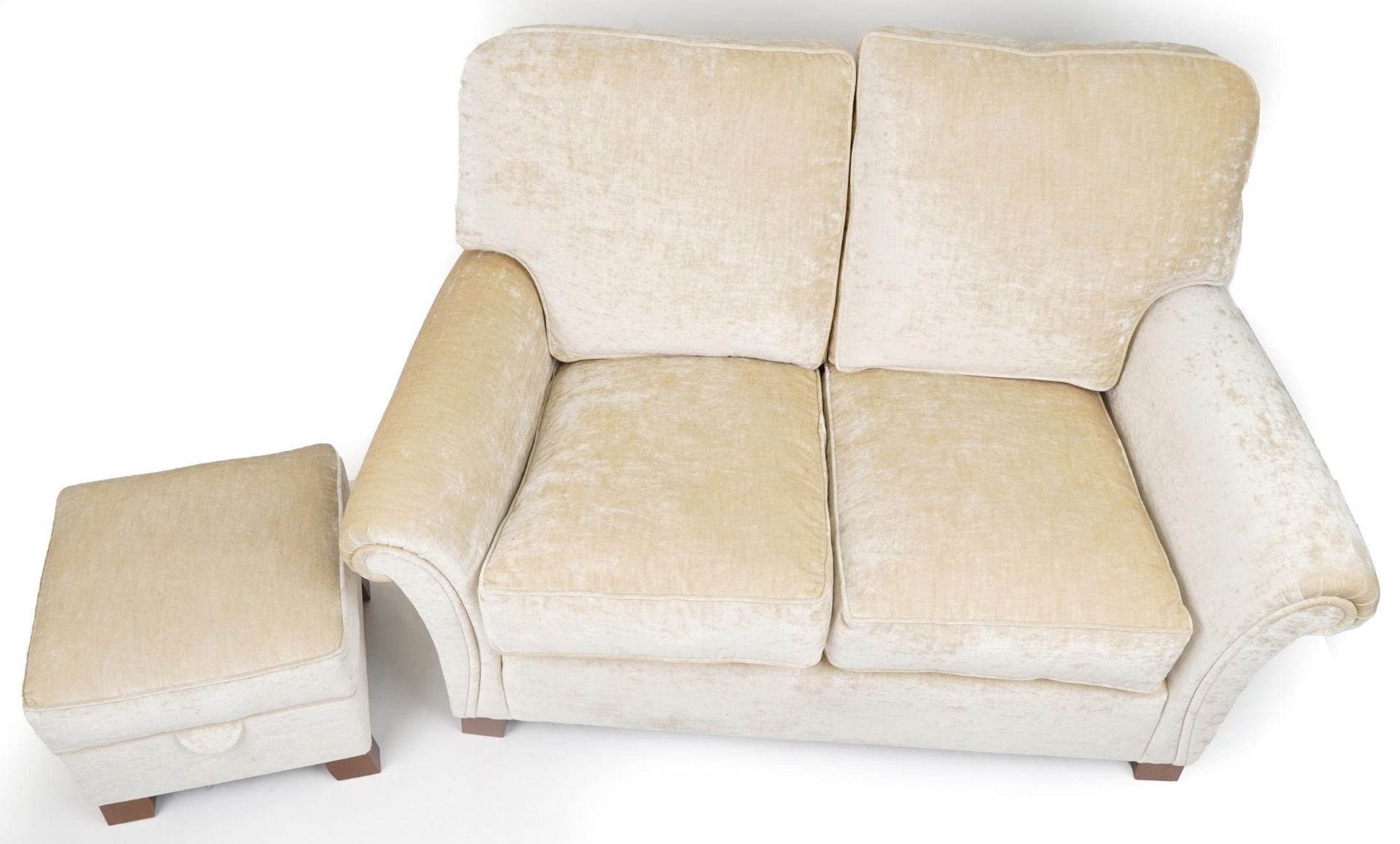 Contemporary beige upholstered two seater settee with matching footstool, 100cm H x 145cm W x - Image 3 of 4