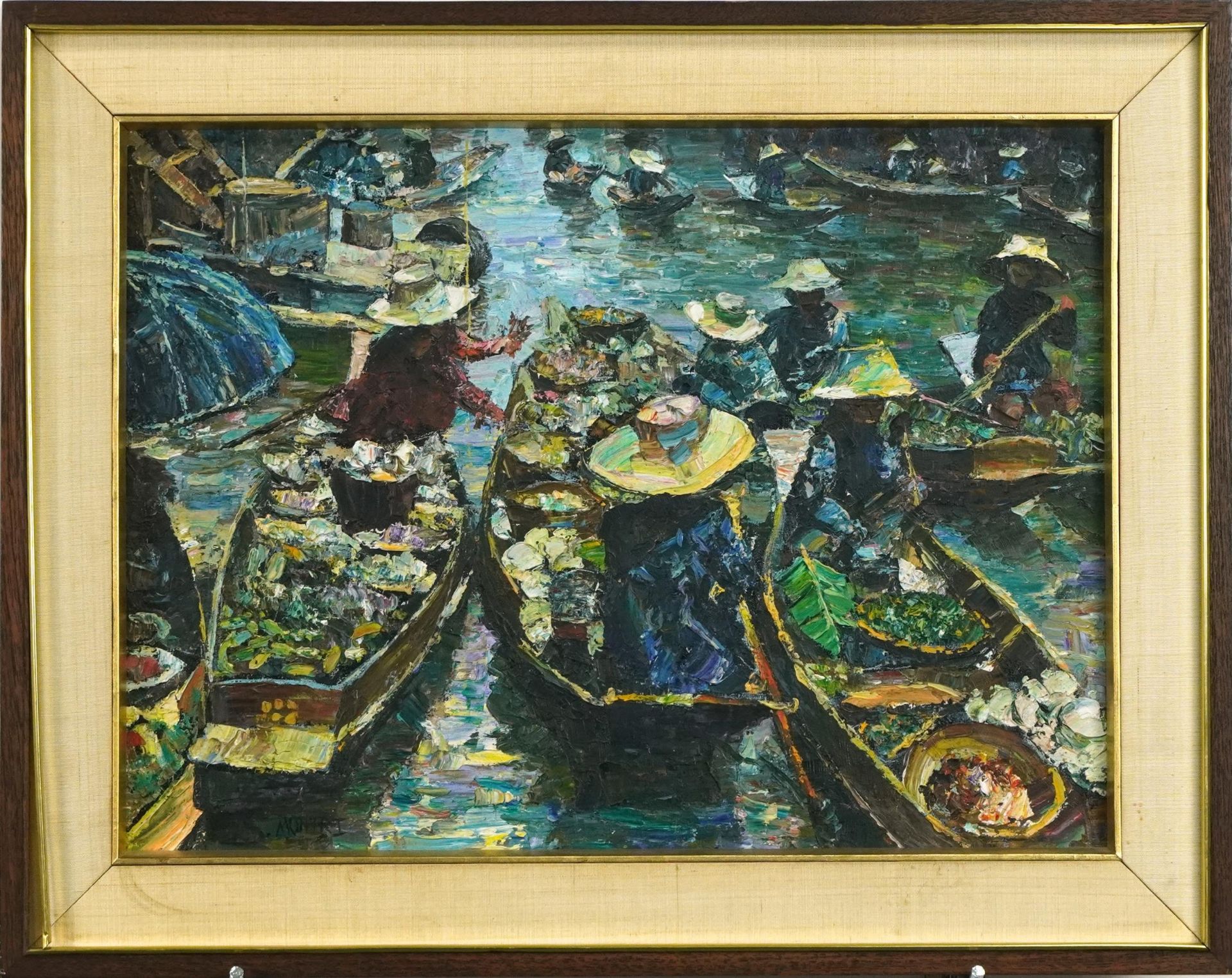 Figures in boats with huts, matched pair of Thai school impressionist oil on canvases, both - Bild 3 aus 9
