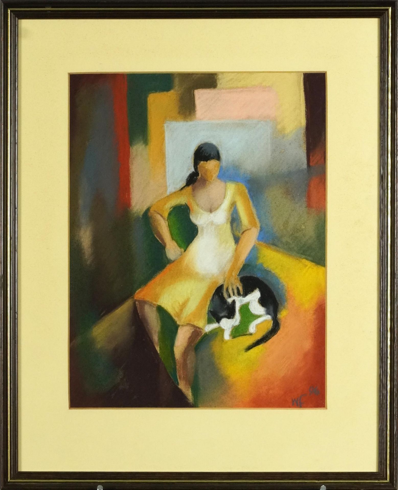Winitha Fernando - Cat with girl, Impressionist pastel, inscribed label verso, mounted, framed and - Image 2 of 5