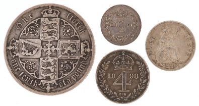 Victorian coinage comprising Gothic florin, 1851 Maundy twopence, 1898 Maundy fourpence and 1886