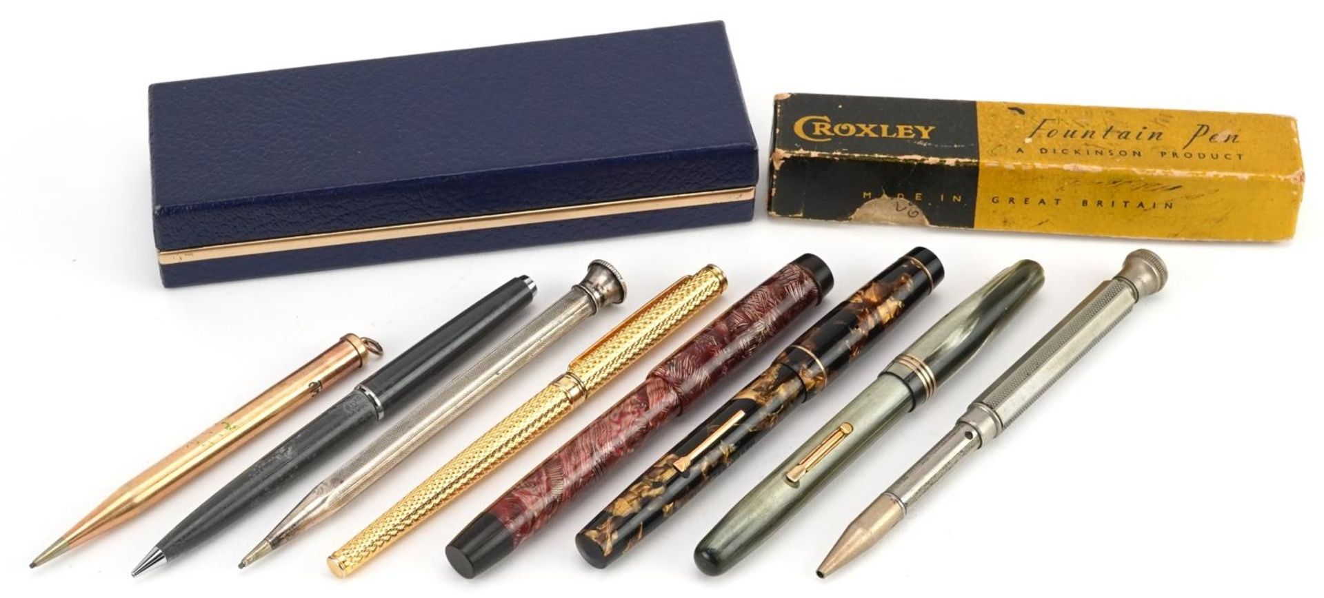 Vintage and later pens and pencils including red marbleised Parker Victory, brown marbleised