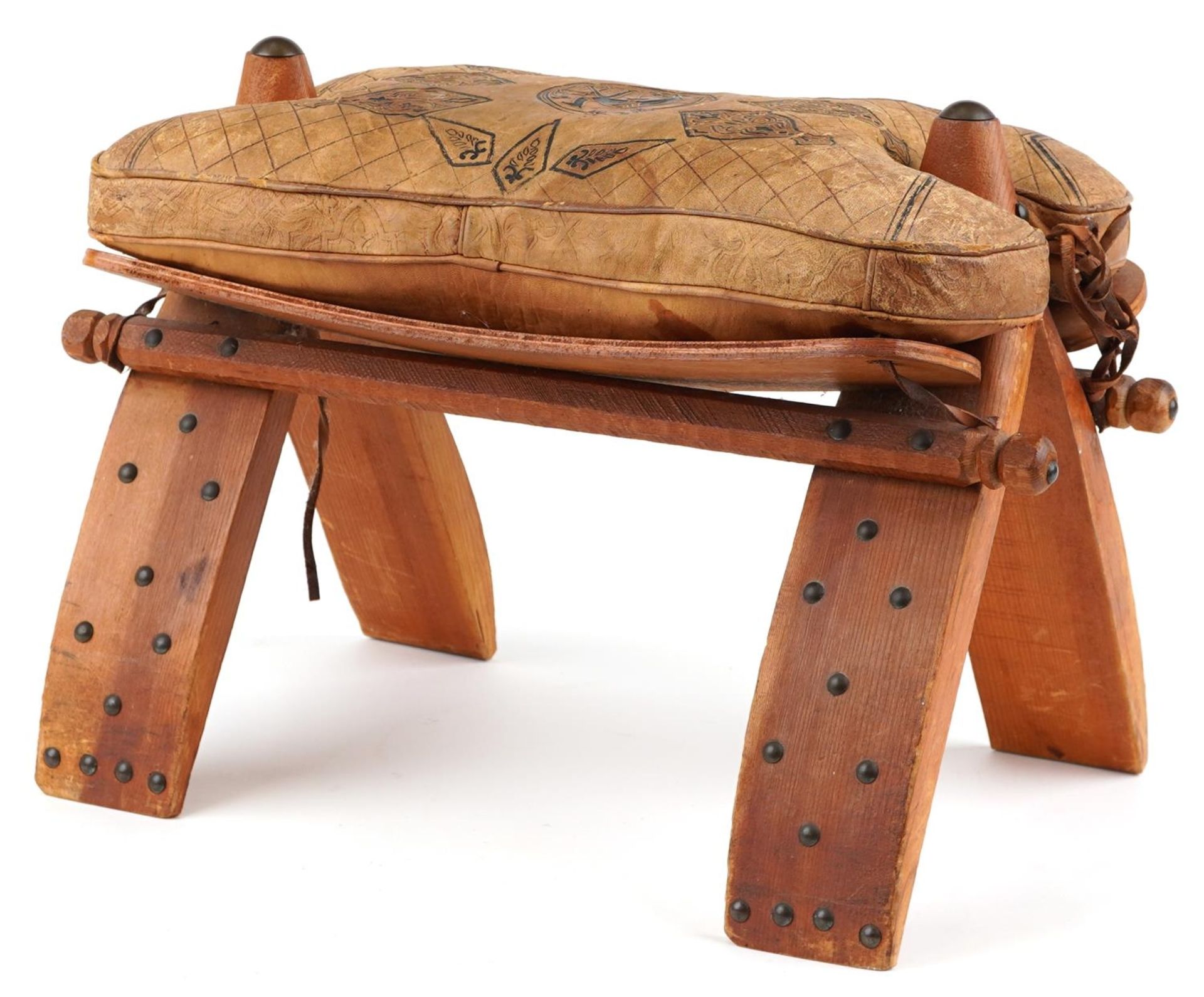 Vintage hardwood camel stool with leather upholstered cushion tooled with foliate motifs and a - Image 3 of 5
