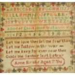 19th century needlework sampler worked by Anne Ryalle aged 7 years, framed and glazed, 28.5cm x 27.