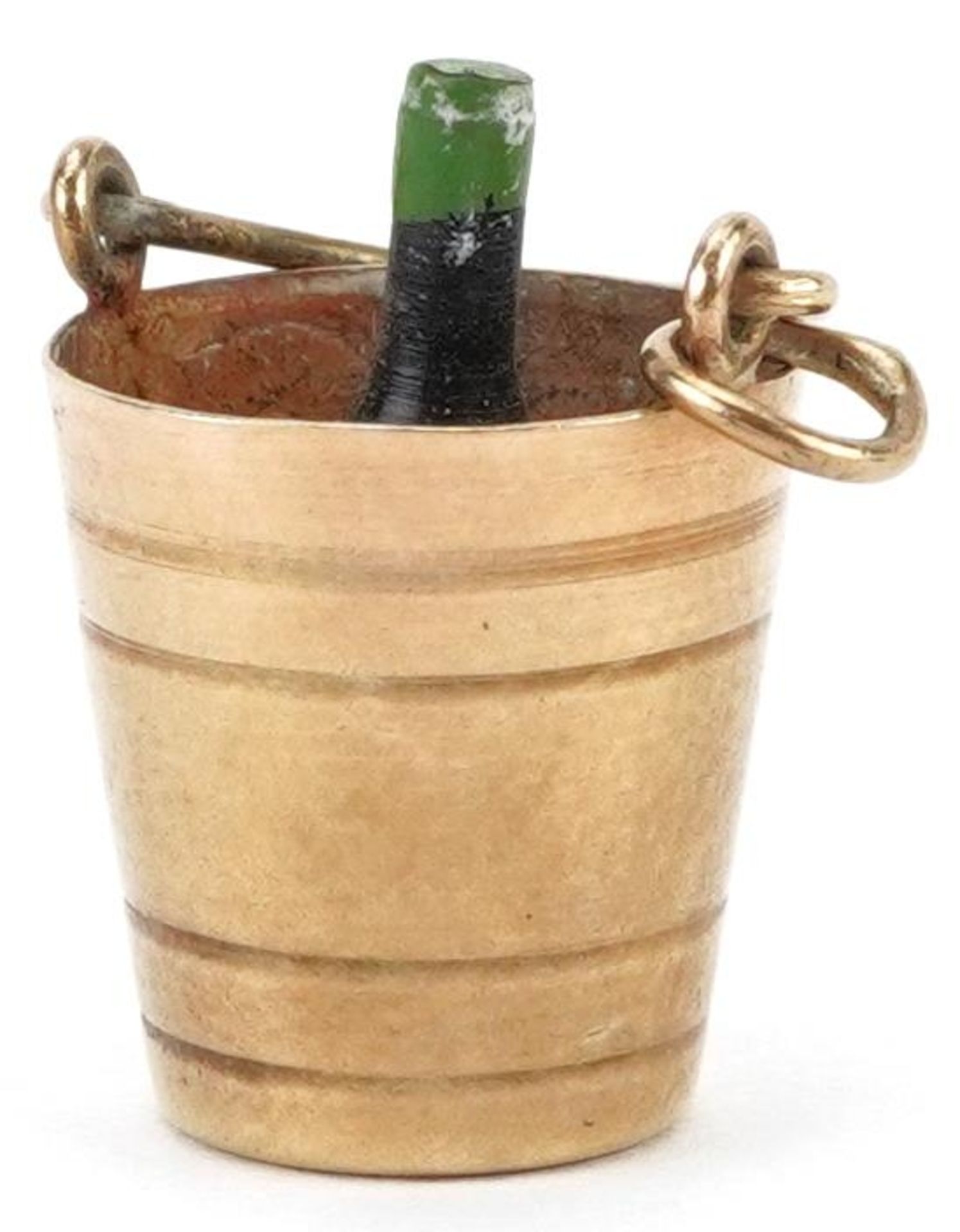 9ct gold charm in the form of a bottle of Champagne in an ice bucket with swing handle, 2.3cm