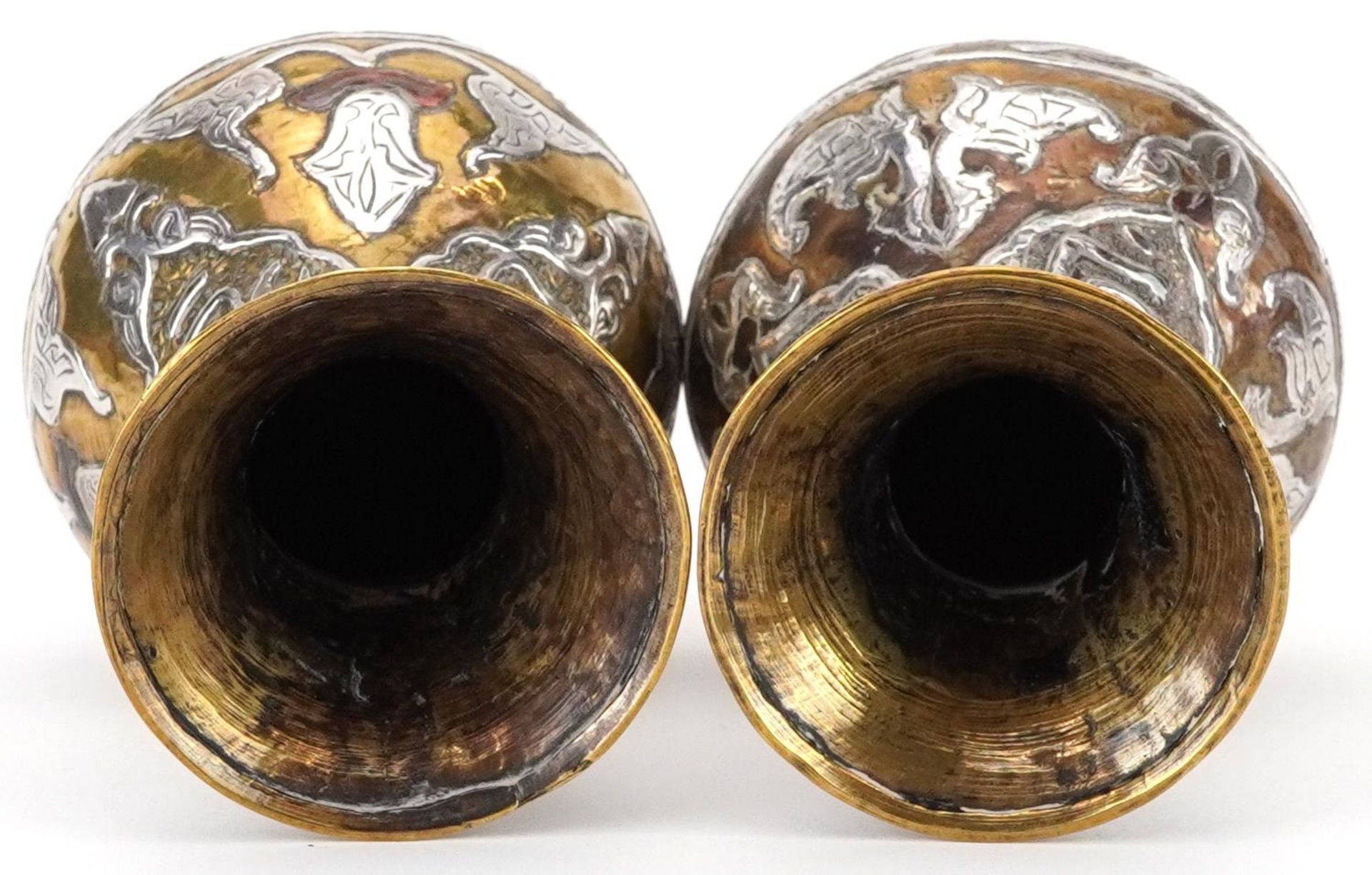 Pair of Islamic brass vases with silver foliate inlay, each 10cm high - Image 5 of 6